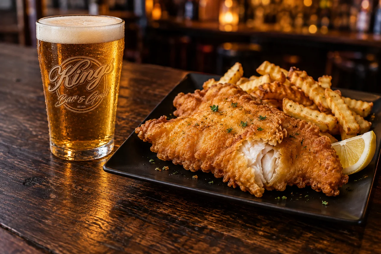 Illustrative fish fry and beer in a glass etched with the Kings logo